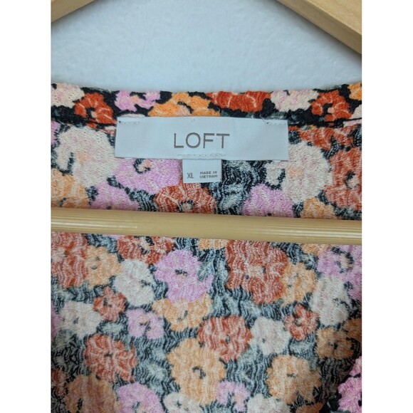 LOFT Shirt Womens XL Black Orange Pink Floral Short Sleeve Button Tie Front Top - Picture 3 of 8